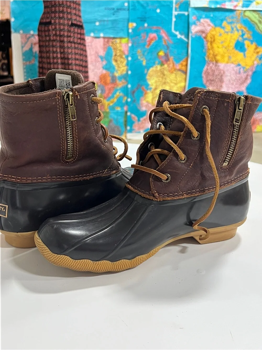 Sperry Womens Brown Leather Rubber Duck Boots with Tan Laces